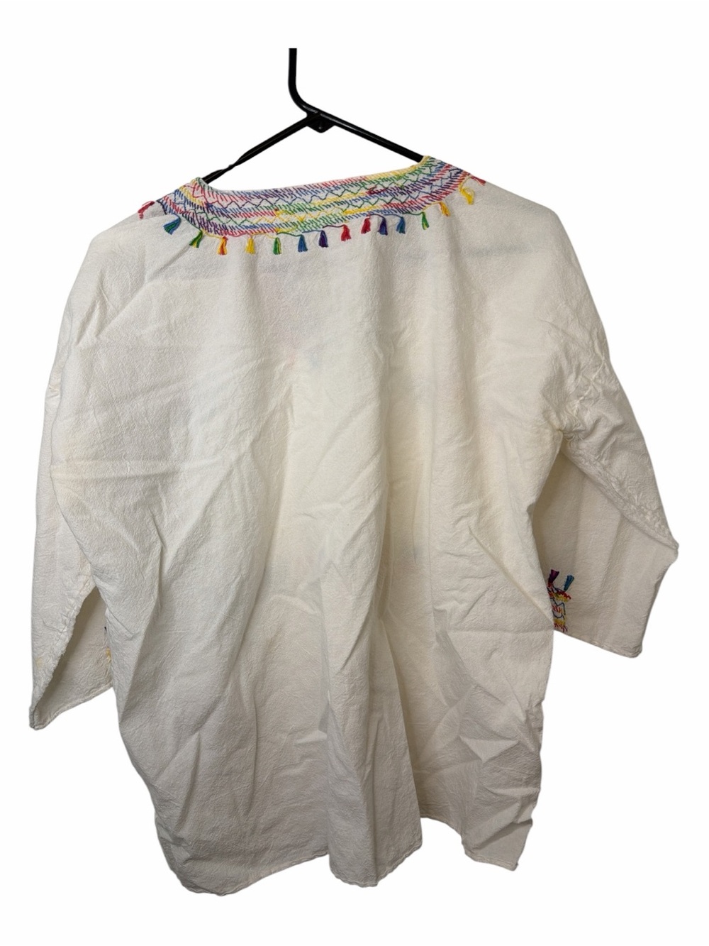 Embroidered White Cotton V-Neck Tunic with Multicolor Tassel Accents - Picture 2 of 5